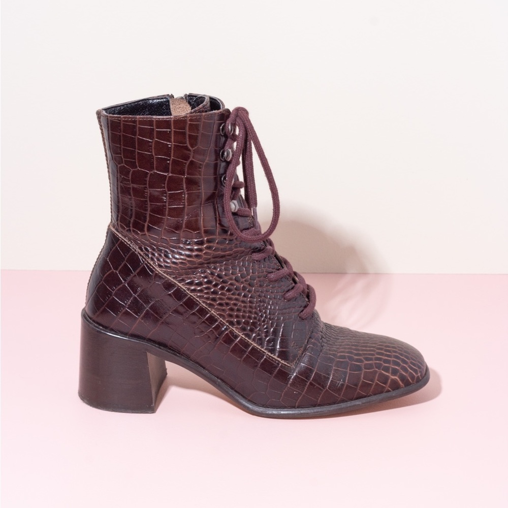Miista Emma Deep Brown Croc Leather Boots, 5.5